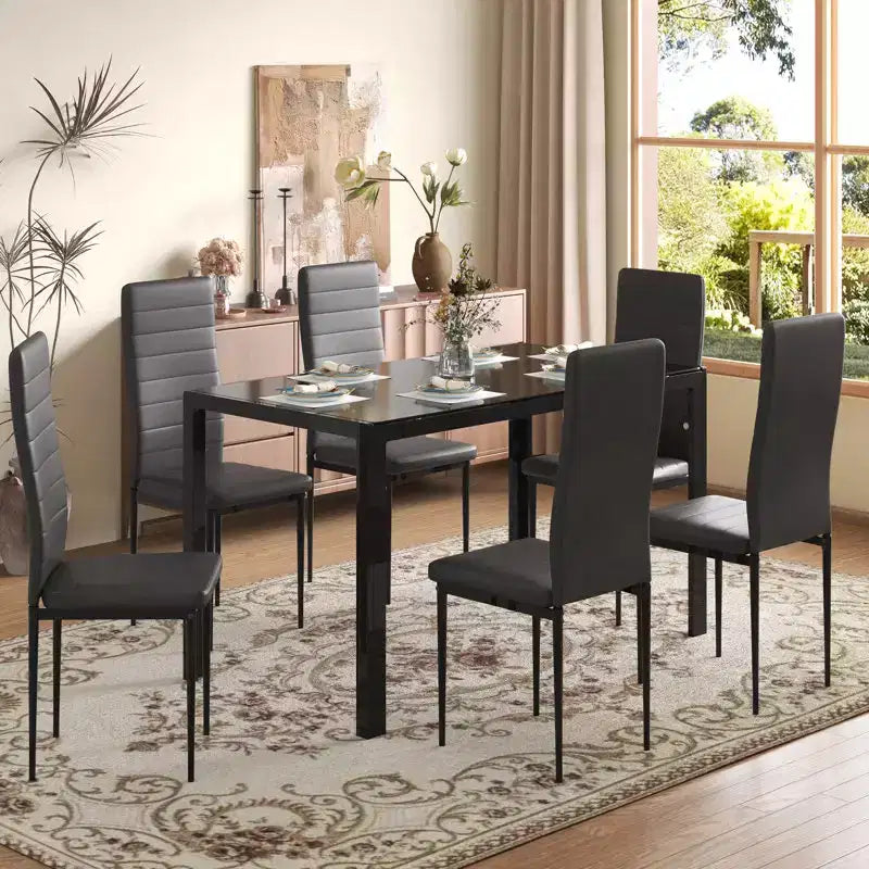 EROMMY Ebern Designs 7-piece Glass Top Dining Table Set, Kitchen Table And 6 Luxury Faux Leather Chairs,Black
