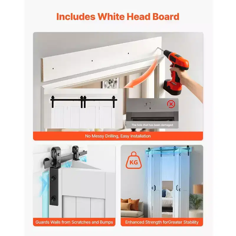 VEVOR Bifold Barn Door, 48 x 84, MDF Bi-Fold Sliding Closet Doors, Header Board and Hardware Kit Included, H-Frame Space-Saving Design, White