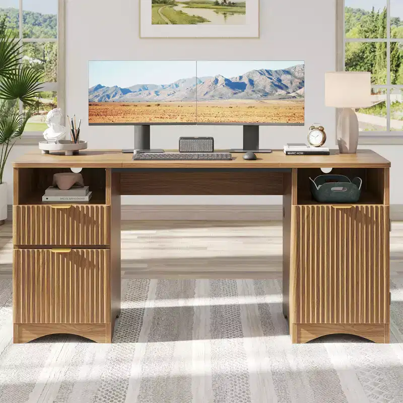 59Modern Executive Desk with Storage,Wood Home Office Desk with 2 Drawers & 3 Cabinet,Fluted Writing Desk for Study & Living Room