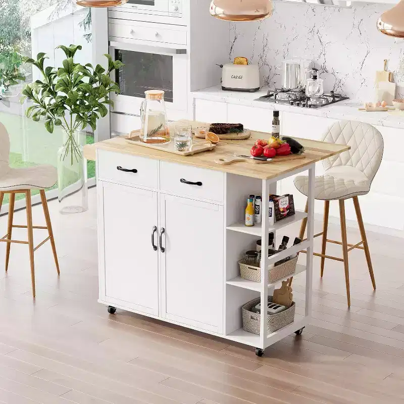 43W Wood Top Kitchen Island Table with 2 Door Cabinets 2 Storage Drawers, Spice Rack