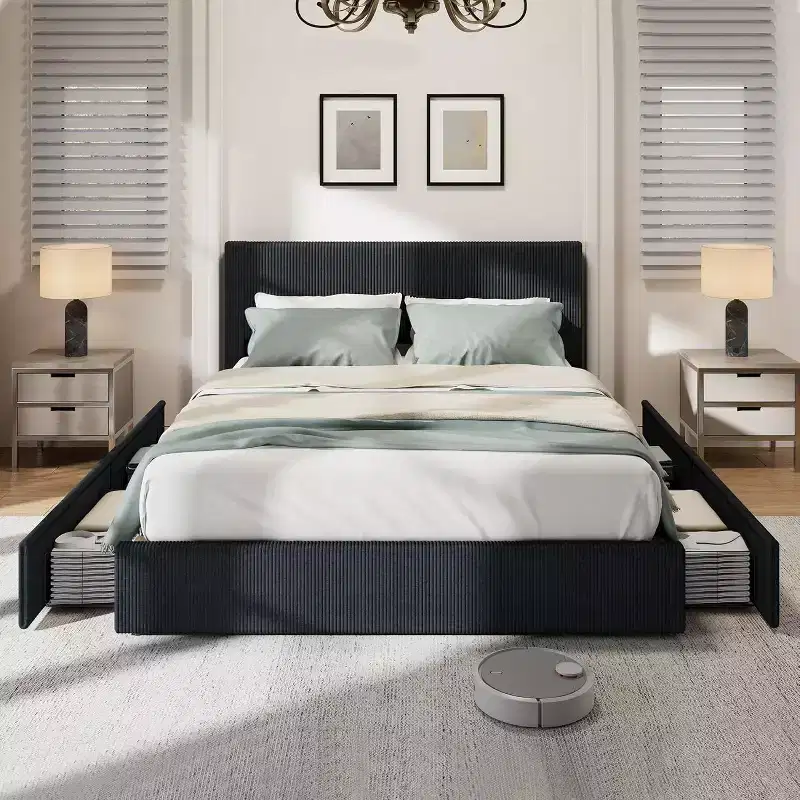 Acekool Upholstered Bed Frame with Corduroy Wingback Headboard, 4 Storage Drawers, Platform Slat Support, No Box Spring Needed