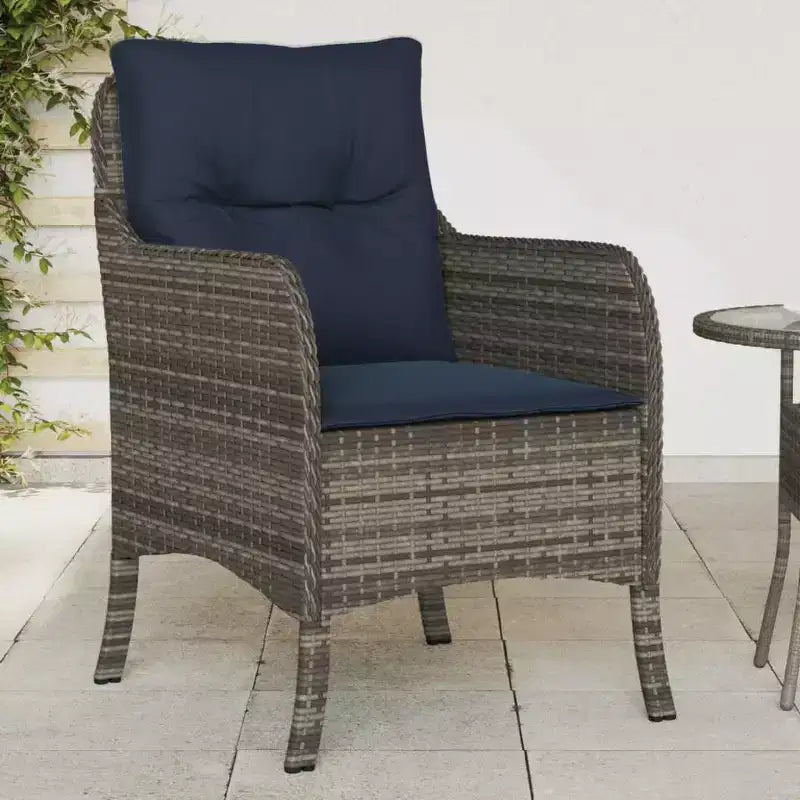 vidaXL 2 pcs Gray Poly Rattan Patio Chairs - Navy Blue Cushions, Weather-Resistant, Garden/Outdoor Seating, Washable Covers, 23x26.4x33.9