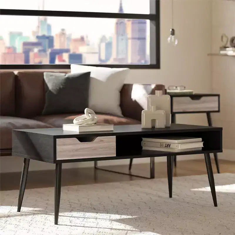 Rectangular Coffee Table with Drawer and Open Cubby, Black