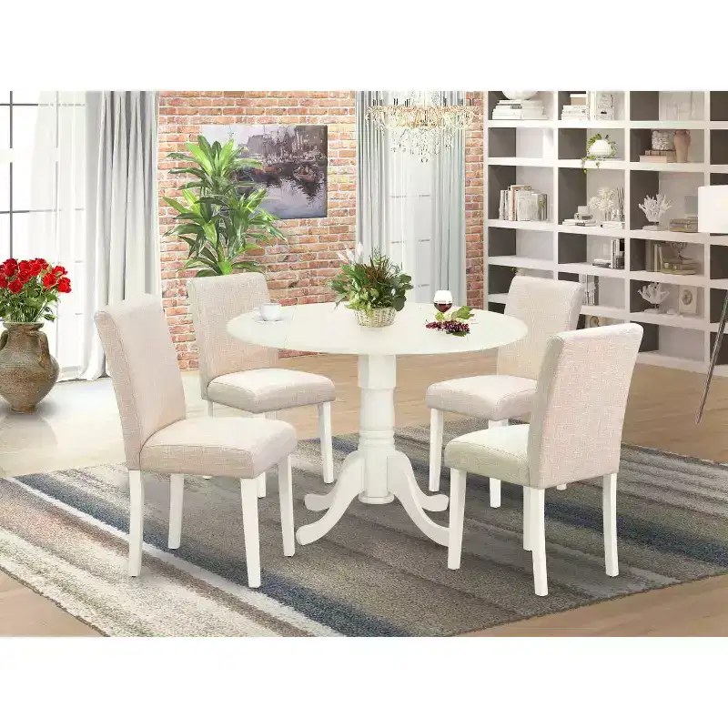 Round Kitchen Table Set with 4 Chairs - 42 Dinette Table & Parson Chairs - Linen White & Beige