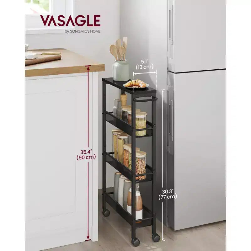 4-Tier Slim Rolling Storage Cart with Handle - 5.1 Deep, Steel Frame