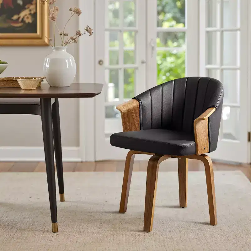 Mid Century Modern Swivel Dining Chair with PU Leather and Poplar Legs