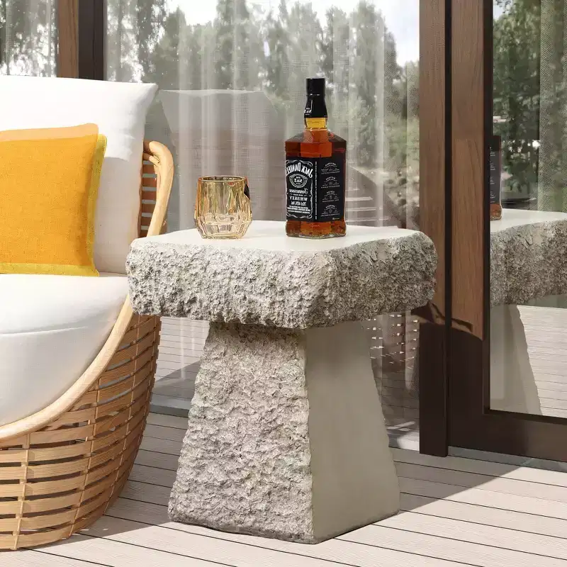 LuxenHome Outdoor Side Table, 18 Rock Square Cement Side Table for Patio, Small Concrete Accent End Table for Balcony, Garden Stool