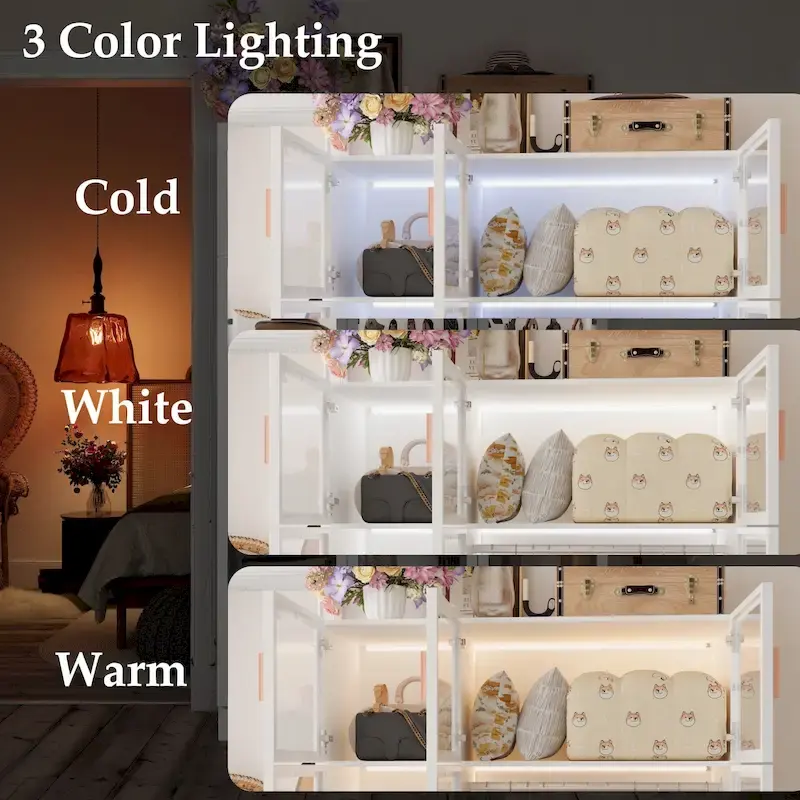 Armoire de rangement avec éclairage LED et portes entièrement vitrées, style dressing.