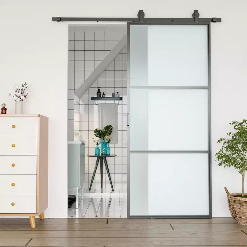 HOMCOM 36 x 84 Sliding Door with Hardware Kit, Handle, & Track, Industrial Frosted Tempered Glass Door with Carbon Steel, Easy Installation