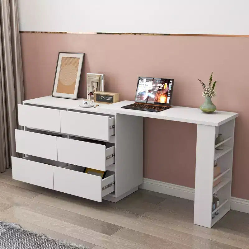 JVNOXK L-Shaped Extendable Desk & Vanity Set with 6 Drawers for Ample Storage, Ideal for Office and Bedroom Makeup Routines, White