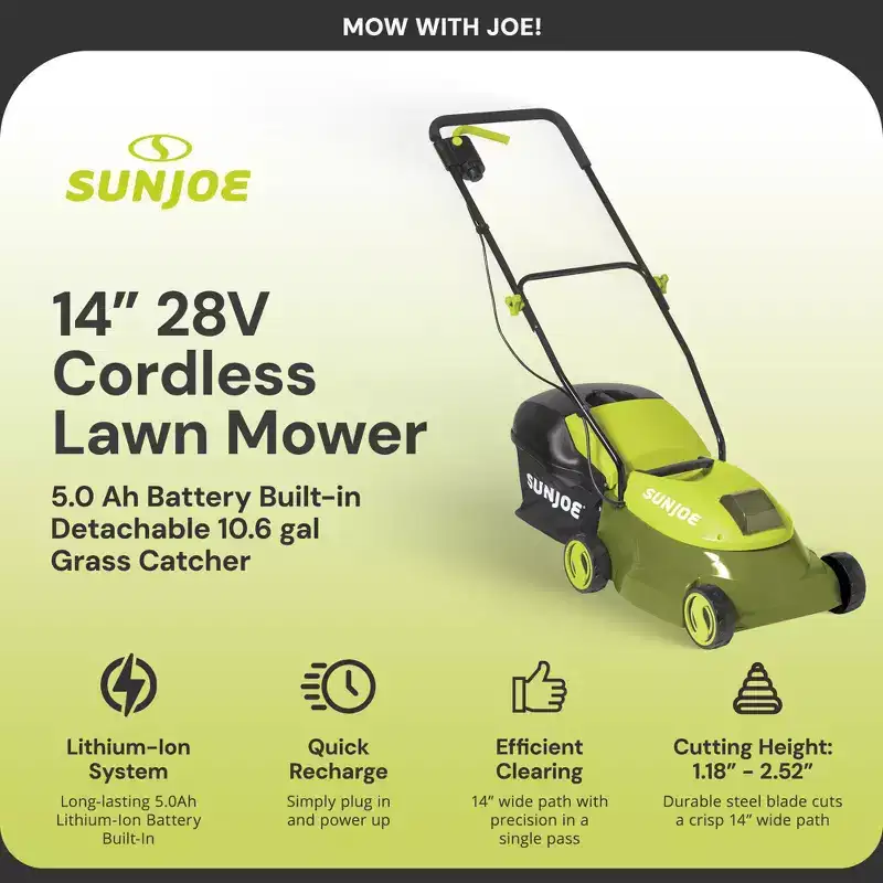 Sun Joe Cordless Lawn Mower, 28V Brushless Motor, 14 Electric Walk Behind Grass Cutter with Safety Key, 10.6 Gal Grass Catcher, MJ401C-XR