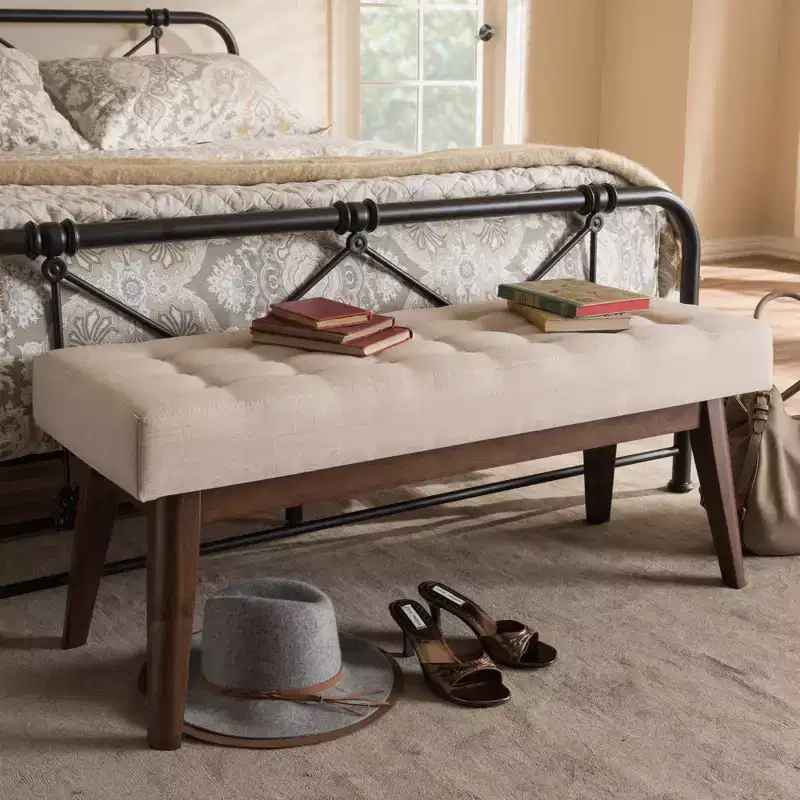 Elia Mid Century Modern Walnut Wood Fabric Button Tufted Bench - Baxton Studio