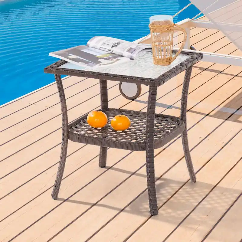 BONOSUKI Outdoor PE Rattan Side Table, Water-Corrugated Glass Tabletop