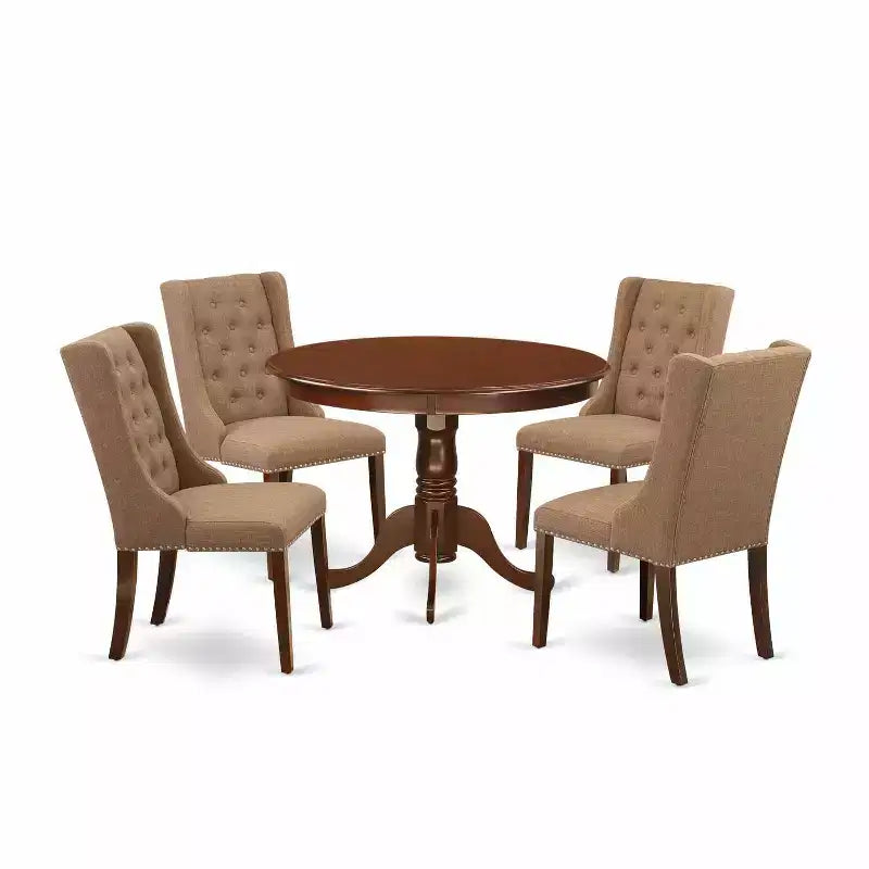 5-Piece Mahogany Finish Solid Wood Top Dining Table with 4 Parson Chair