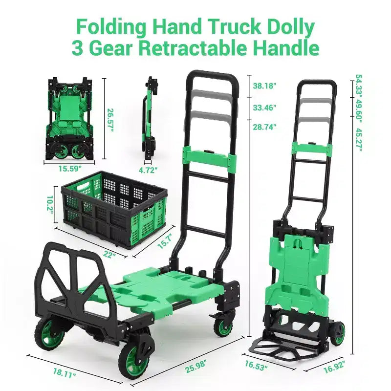 GustoWave 2-in-1 Folding Hand Truck with Folding Basket, Retractable Handle & 4 Wheels, 330 LB Capacity, for Moving, Shopping