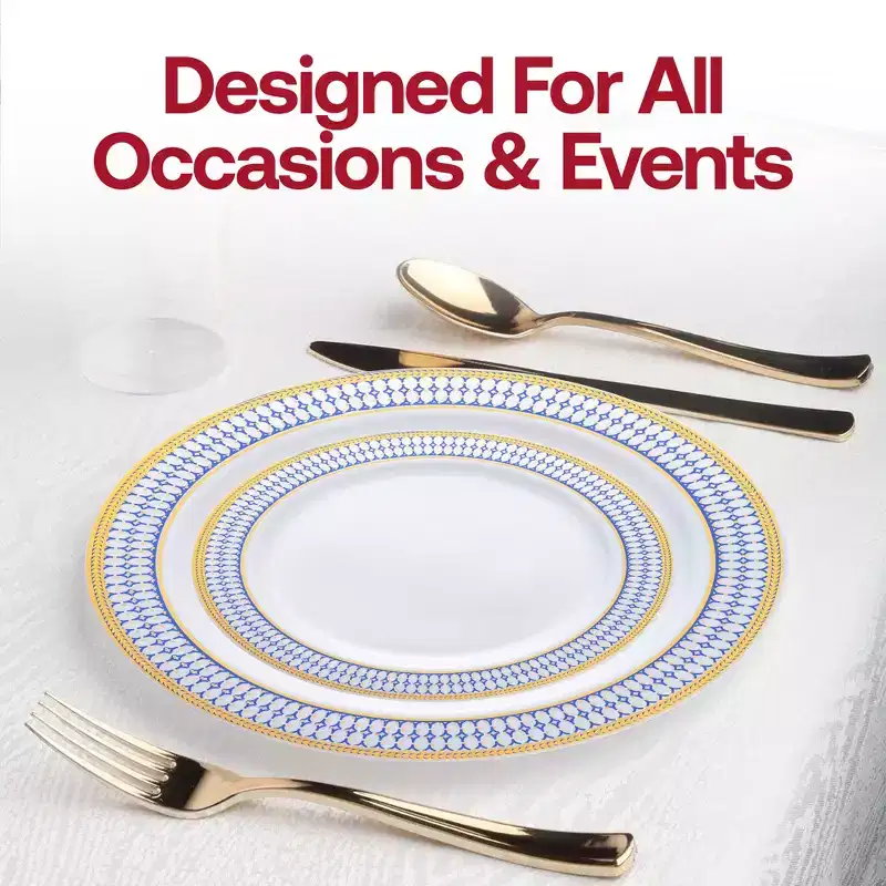 Smarty Had A Party White w/ Blue and Gold Chord Rim Plastic Dinnerware Set - 40 Sets