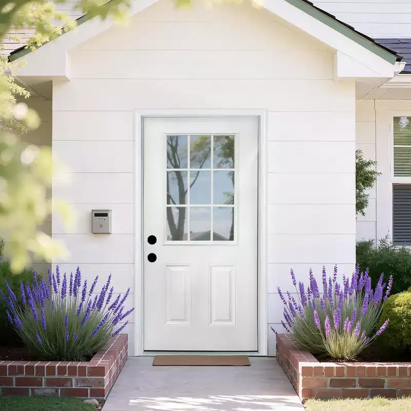 36 x 80 inch Fiberglass Right Hand Lnswing White Oak Entry Door with Brickmould 4-9/16 in.Vinyl Frame and 9 Lite Low-E Glass