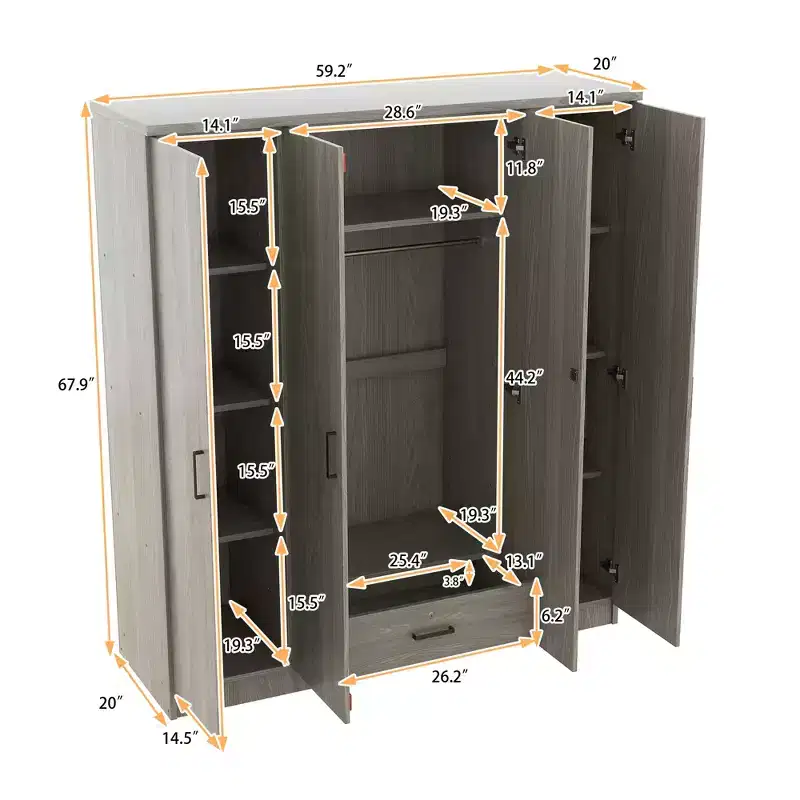 Armoire-penderie en bois à 4 portes avec tringle, 1 tiroir et étagères de rangement