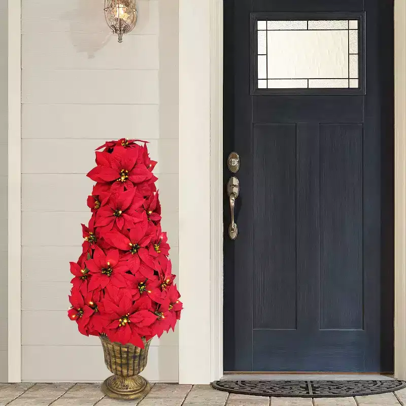 Puleo 36" Pre-Lit Battery-Operated Artificial Potted Red Poinsettias