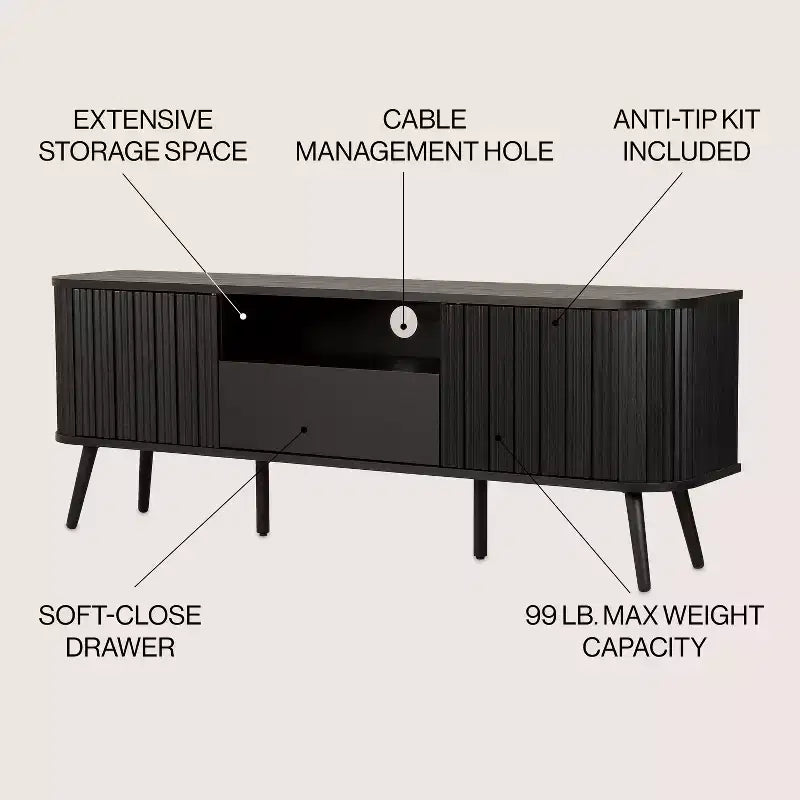 JONATHAN Y TVS1001A Damien 70 in. Farmhouse Curved TV Stand with Drawer and Storage Doors Fits TVs up to 75 in. with Cable Management