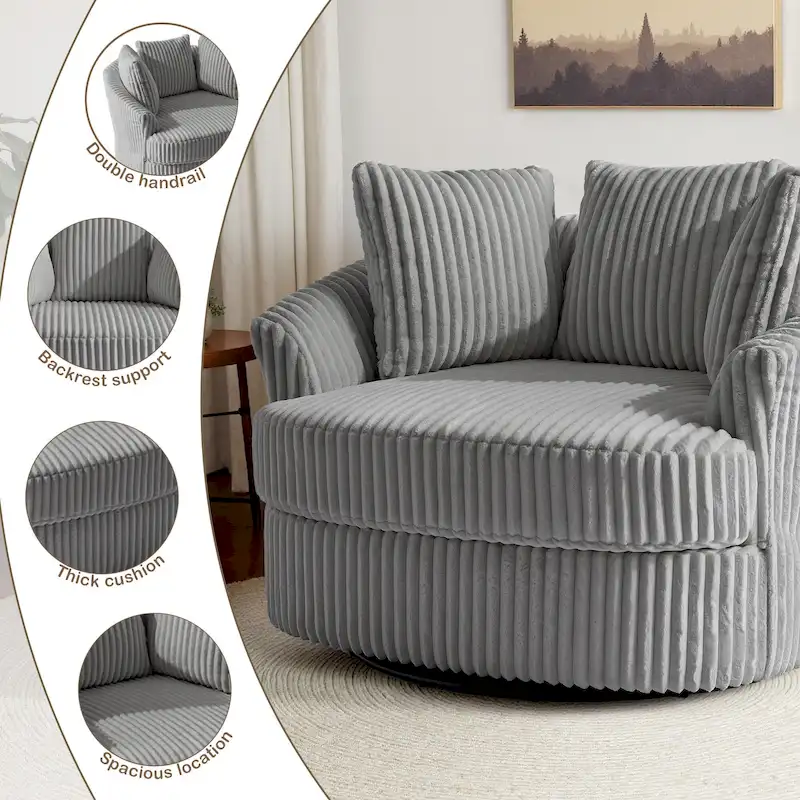 Fauteuil pivotant surdimensionné 43 W en velours côtelé pelucheux avec accoudoirs encastrés