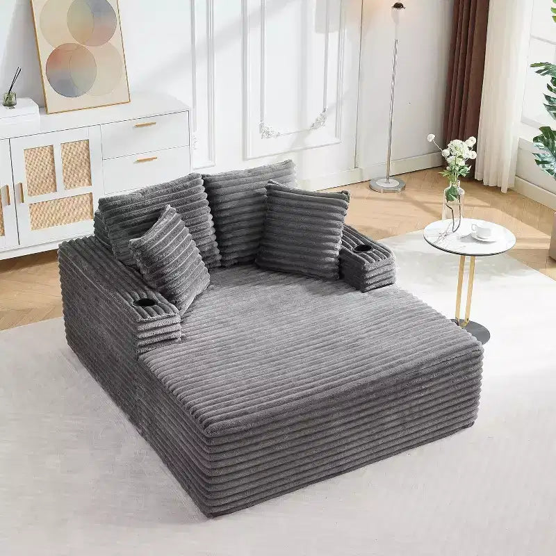 64 Oversized Chaise Lounge Chair, Corduroy Boneless Sofa Bed with 2 Pillows & 2 Cup Holders, No Assembly, Beige/Gray/Green/Black