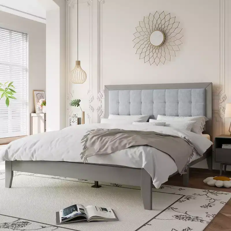 Queen Upholstered Platform Bed with Headboard,solid wood Upholstered Platform Bed frame for bedroom,Gray