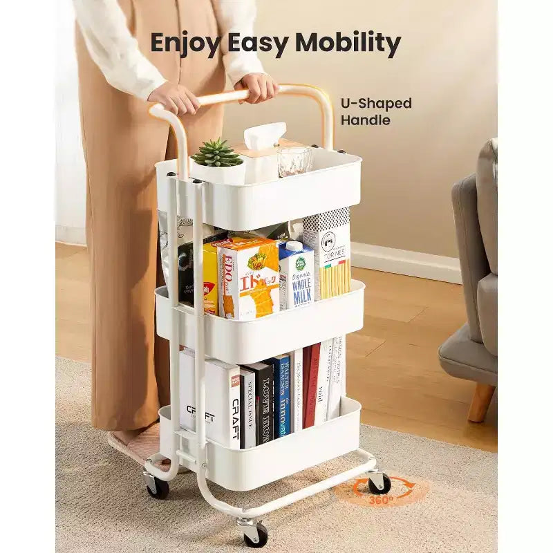Pipishell 3-Tier Mesh Utility Cart - Rolling Metal Storage Cart with Handle & Lockable Wheels for Kitchen, Living Room & Office, White
