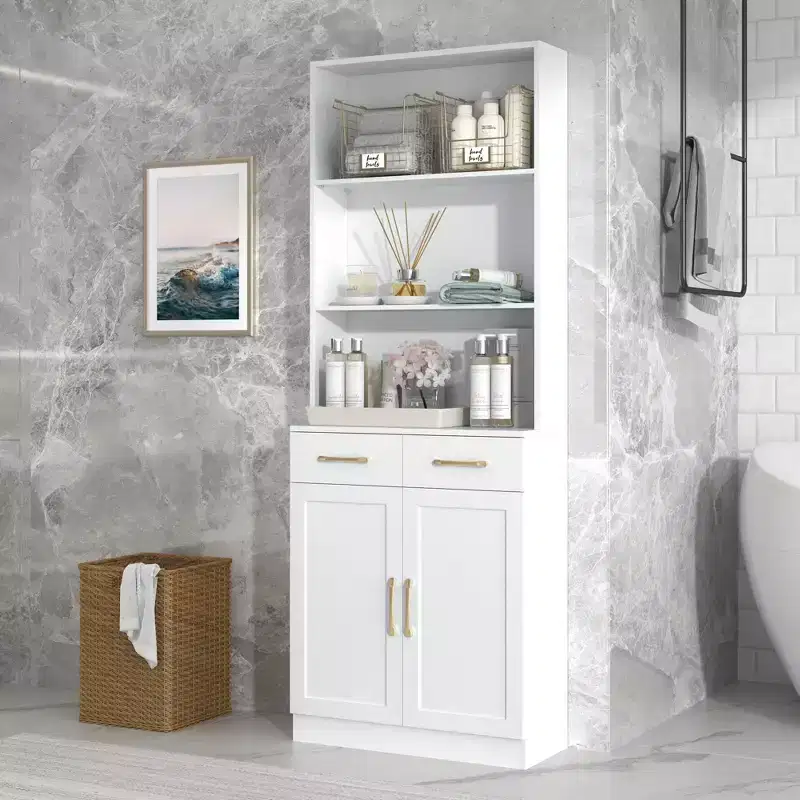Tall Bathroom Storage Cabinet with 2 Drawers and Open Shelves