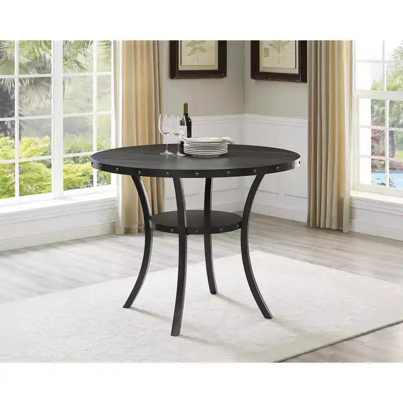 Biony Espresso Wood Counter Height Dining Set with Grey Fabric Nailhead Stools