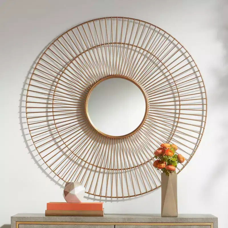 Round Vanity Decorative Wall Mirror Modern Warm Gold Leaf Metal Frame 33 3/4 Wide for Bathroom Bedroom Living Room Office