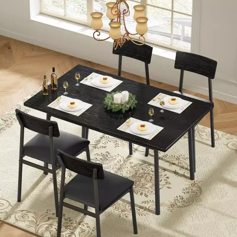 5-Piece Wood Dining Table Set for 4, Smooth Edge Table with 4 Upholstered Chairs, Compact Kitchen Dining Set for Apartment & Small Spaces