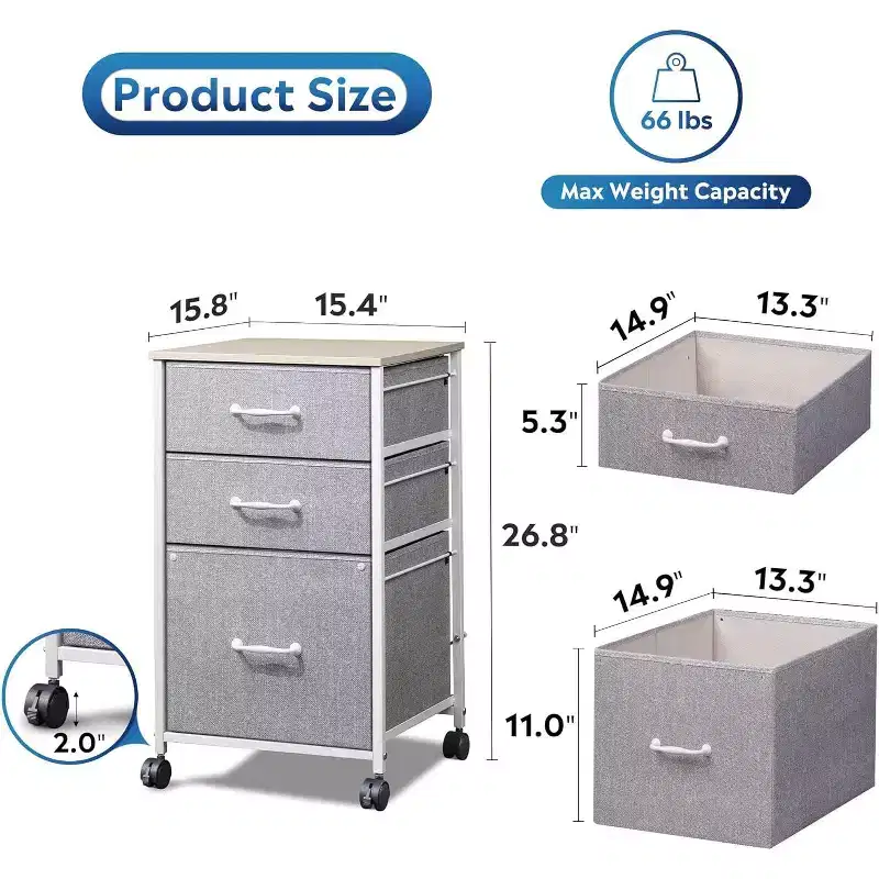 GALAXHERO 3 Drawer File Cabinet with Wheels, Rolling Printer Stand, Fabric Vertical Filing Organizer for Home Office, Letter Size Storage, Light Grey