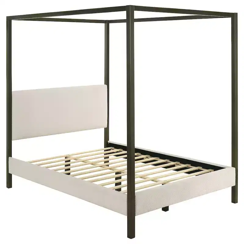 Monroe Upholstered Queen Canopy Bed, Vanilla, Wood Frame with Elegant Canopy Design