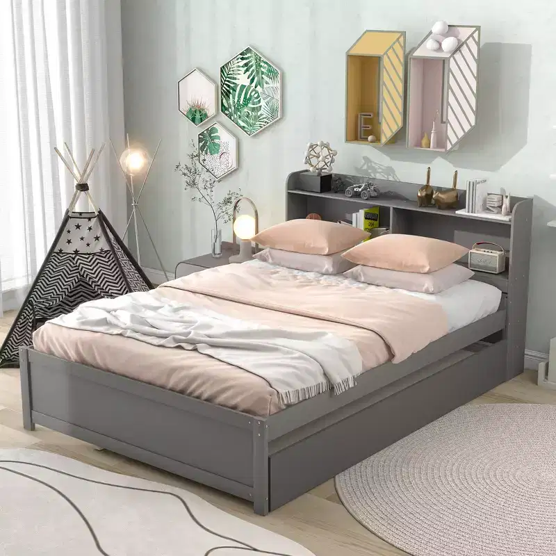 MATEERTY Full Bed with Trundle, Bookcase, Gray