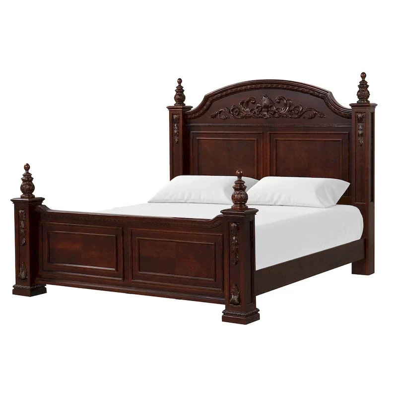 King Size Poster Bed in Deep Cherry Finish with Carved Accents – 70