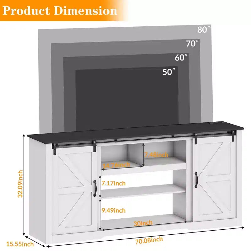 70 Farmhouse TV Stands for 80 TVs, Rustic Wooden Entertainment Center with Adjustable Shelves & Sliding Barn Door,TV Console Table with Open Storage