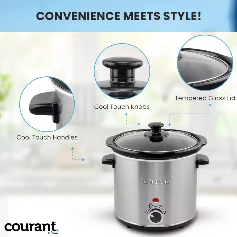 Courant 3.2-Quart Slow Cooker with Removable Ceramic Pot, Low/High/Warm Settings, Tempered Glass Lid, Brushed Stainless Steel Design