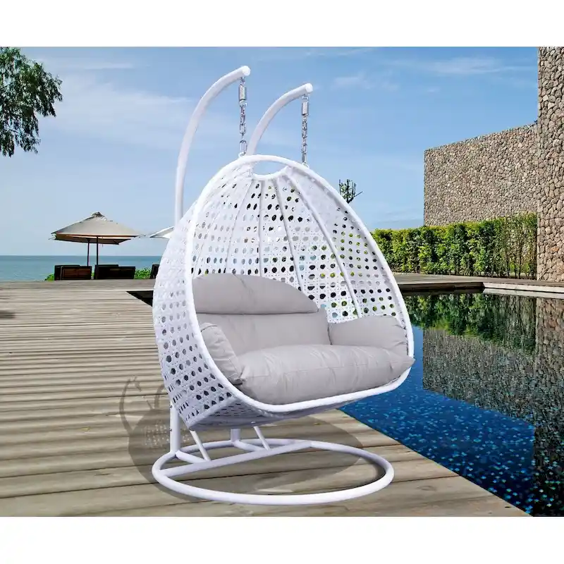 Fauteuil suspendu œuf LeisureMod pour 2 personnes avec support - Balancelle hamac/fauteuil roulant d'extérieur/intérieur en rotin tressé avec coussins