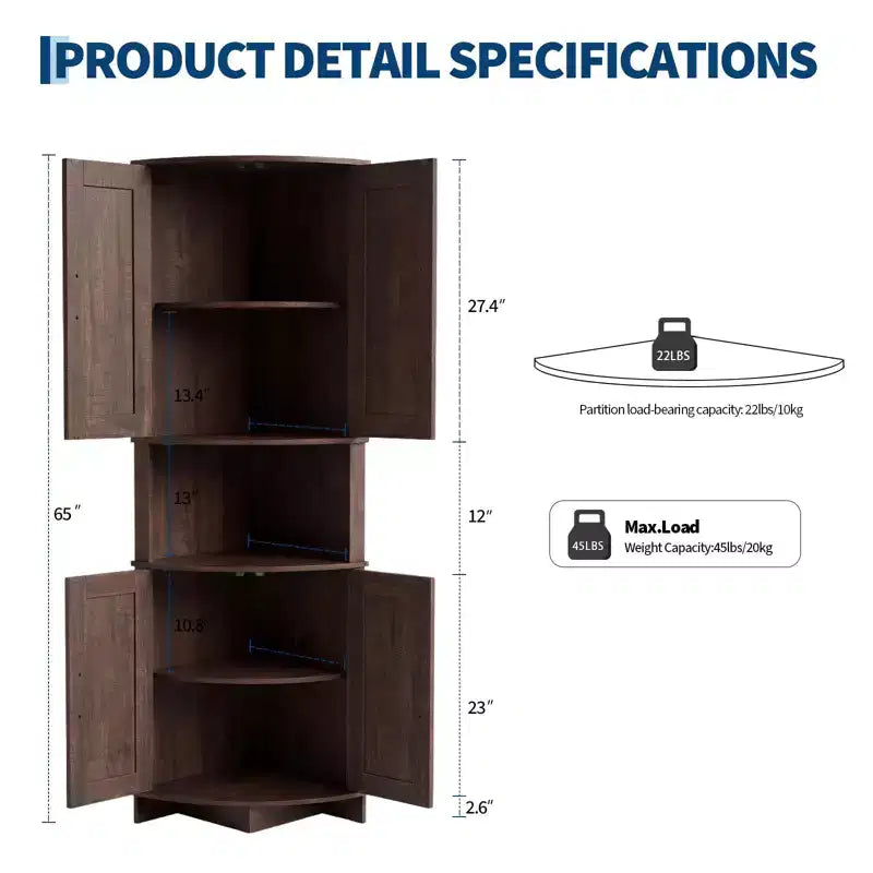 64.8 Tall Corner Cabinet with Doors, Brown Farmhouse Corner Storage Cabinet, Freestanding Corner Pantry Cabinet with Adjustable Shelves