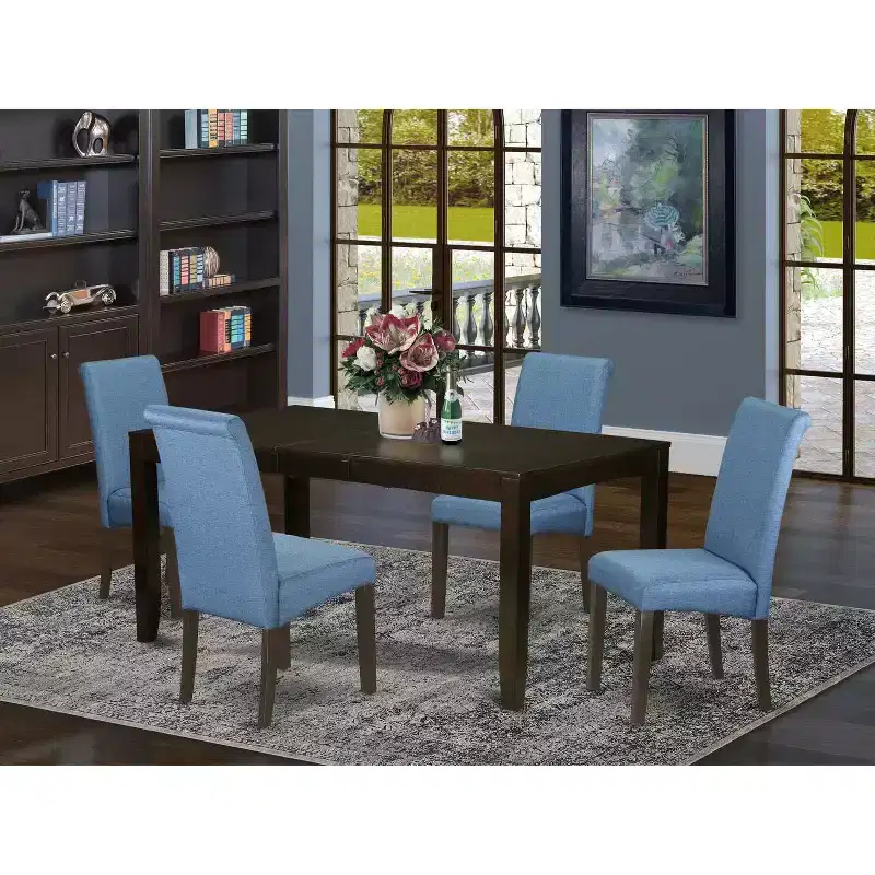 Kitchen Table Set 5pc Linen Blue Chairs Cappuccino Legs Dining Room Furniture