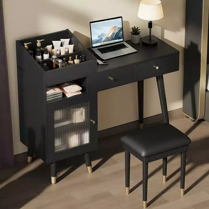 Okak Modern Vanity Desk with Padding Stool, Dressing Table with Drawers, Cabinet & Charging Port, Makeup Table for Small Space, Black