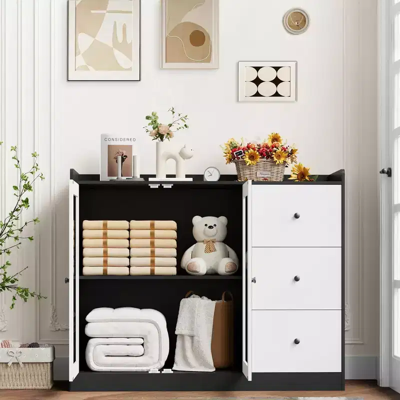 43 Buffet Cabinet with Storage Modern Sideboard Kitchen Cabinet with Guardrail Design & Adjustable Shelves & 3 Drawers, Wood Buffet Table