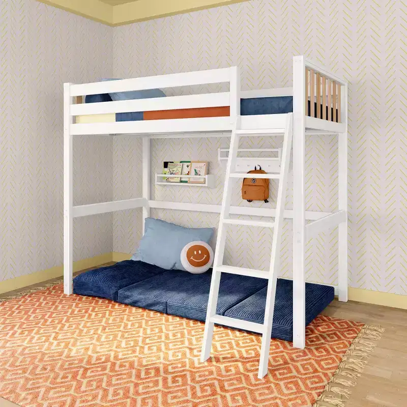 Scandinavian Twin High Loft Bed for Kids, Solid Pine Wood, Space-Saving Design