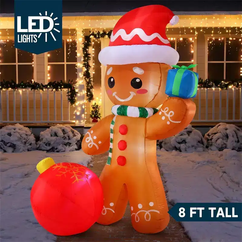 Joyfy 8 FT Christmas Inflatable Outdoor Decorations, Gingerbread Man with Gift Box Inflatable with Built-in LEDs for Xmas Indoor Outdoor Yard Dcor