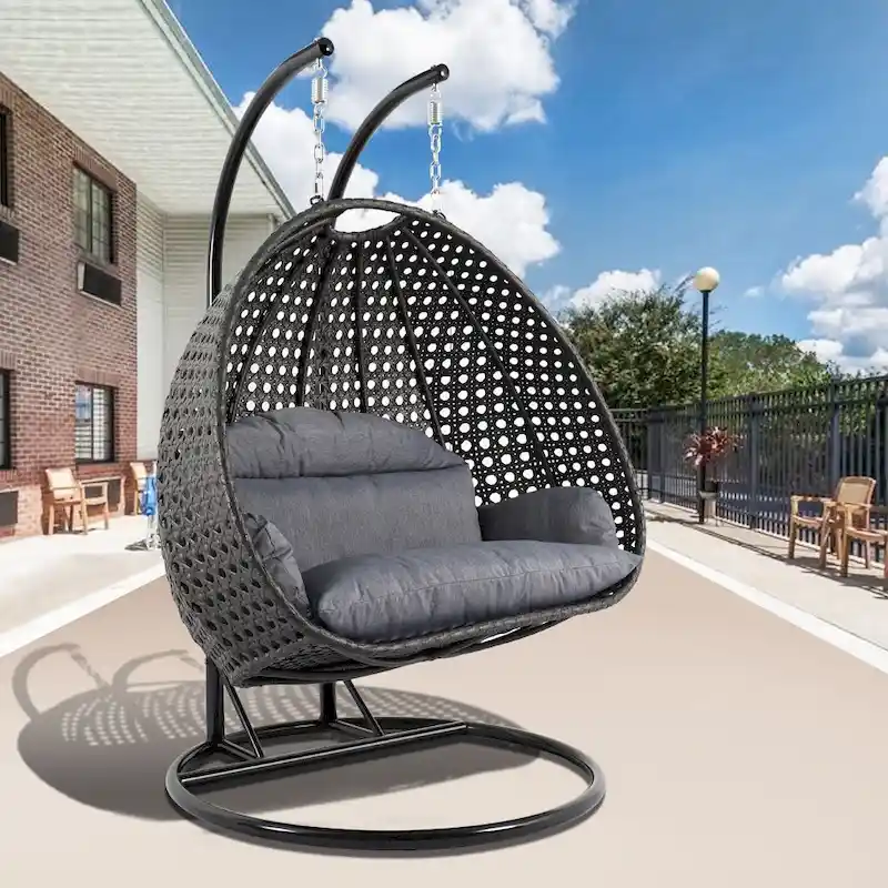 Fauteuil suspendu œuf LeisureMod pour 2 personnes avec support - Balancelle hamac/fauteuil roulant d'extérieur/intérieur en rotin tressé avec coussins