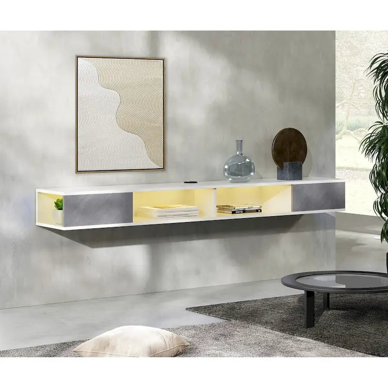 70 Floating TV Stand Wall Mounted, Entertainment Center for Living Room Bedroom, White & Grey