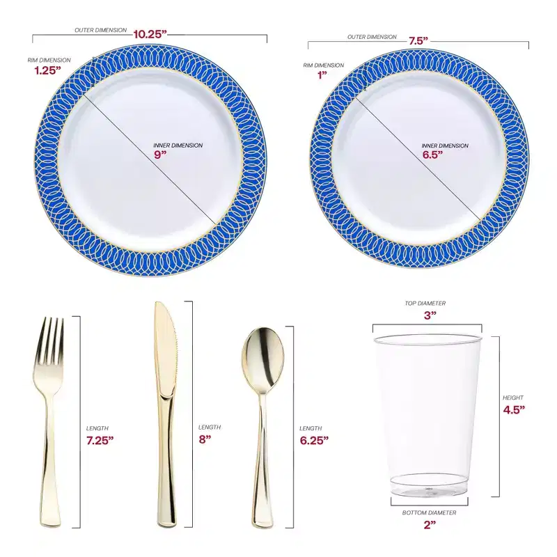 Smarty Had A Party White w/ Gold Spiral on Blue Rim Plastic Wedding Set - 30 Sets