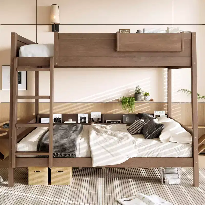 Bellemave Queen Over Queen Bunk Bed with Bookshelf Storage, Detachable Bunk Bed with Ladder and Guardrails, No Box Spring Needed