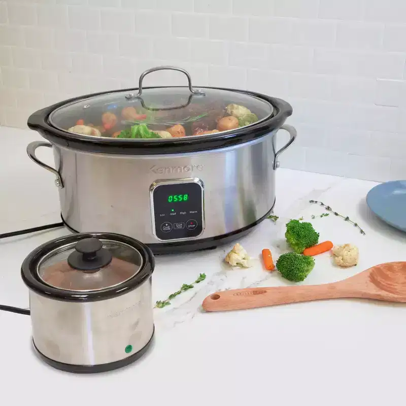 Kenmore 7qt Slow Cooker with Dipper Stainless Steel Black 80010: Programmable, Digital Timer, Removable Ceramic Pot